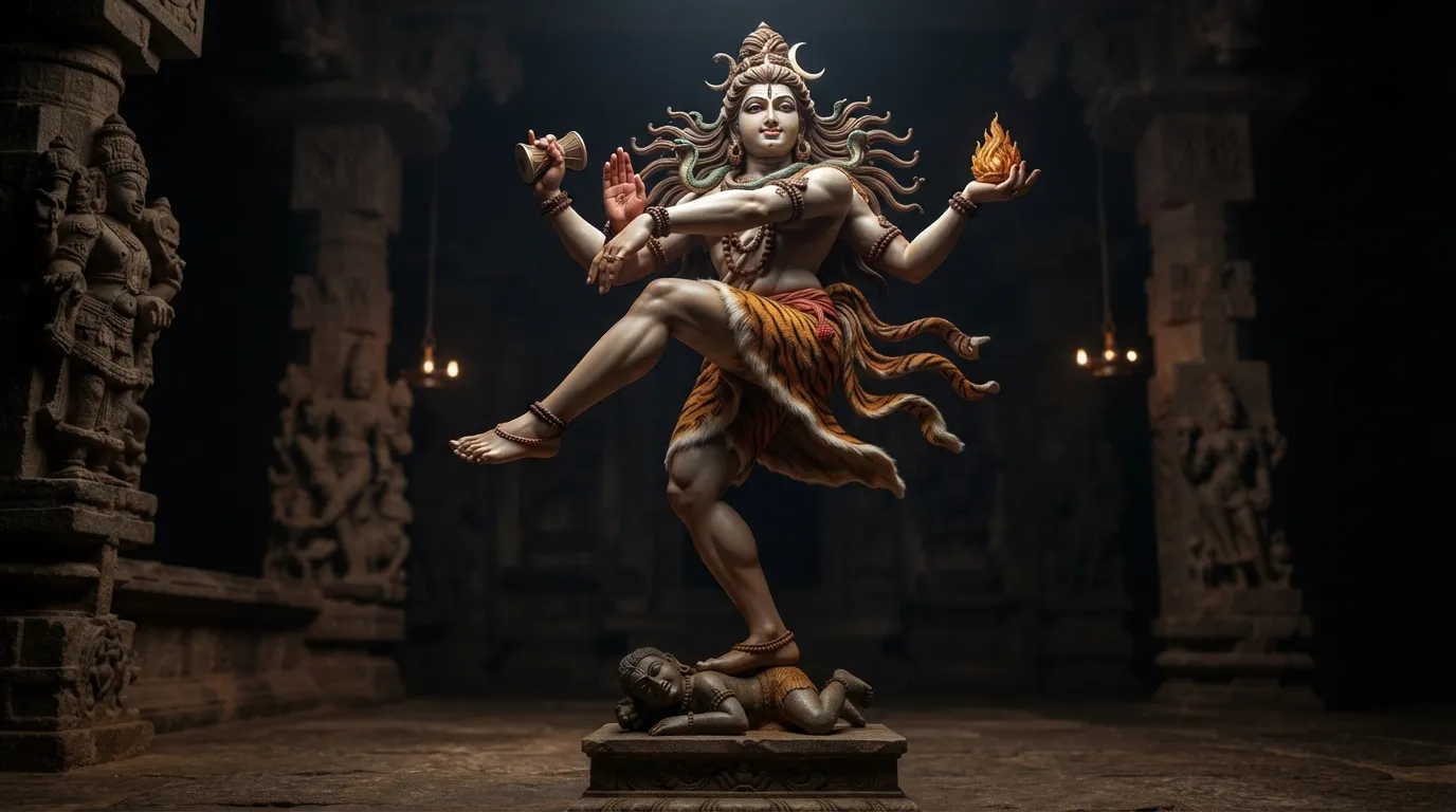 Nataraja image focusing on the gajahasta mudra pointing towards the raised left foot of spiritual liberation.