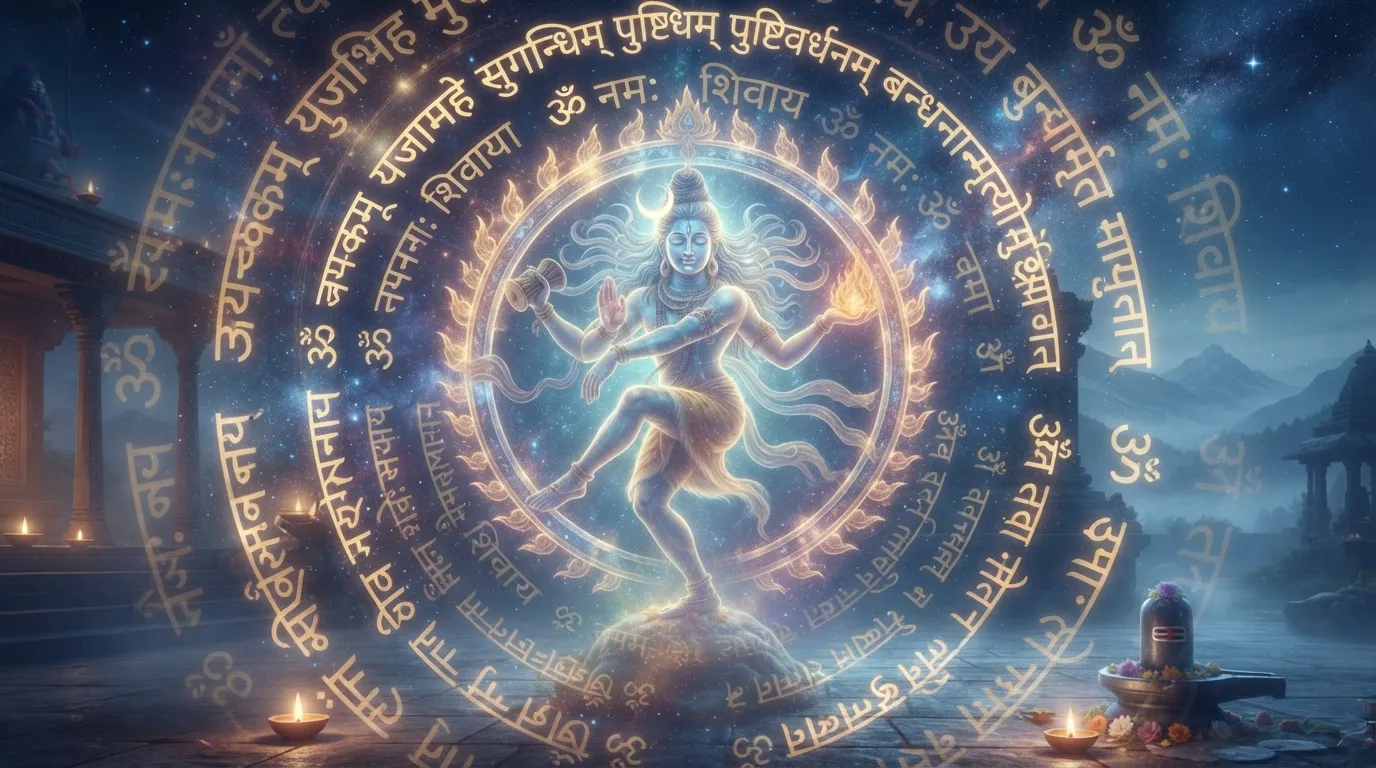 Spiritual lord shiva nataraja photo with glowing sanskrit maha mrityunjaya mantra text