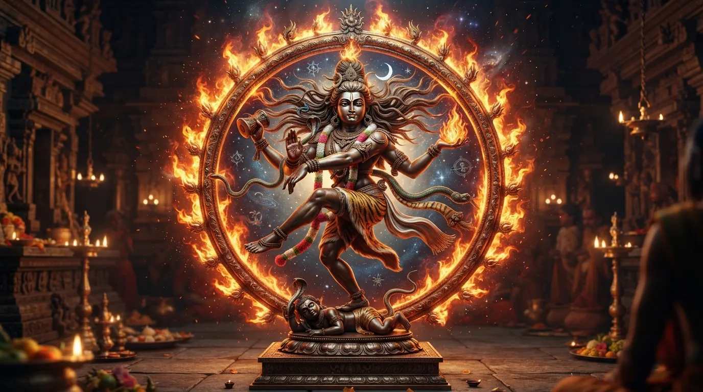 Lord Nataraja Shiva performing cosmic dance Tandava inside a ring of fire