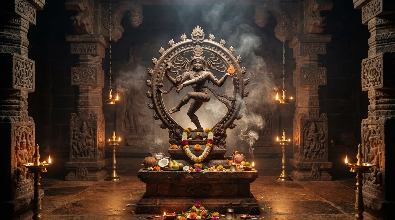Lord Nataraja Shiva dancing in the center of the universe surrounded by galaxies