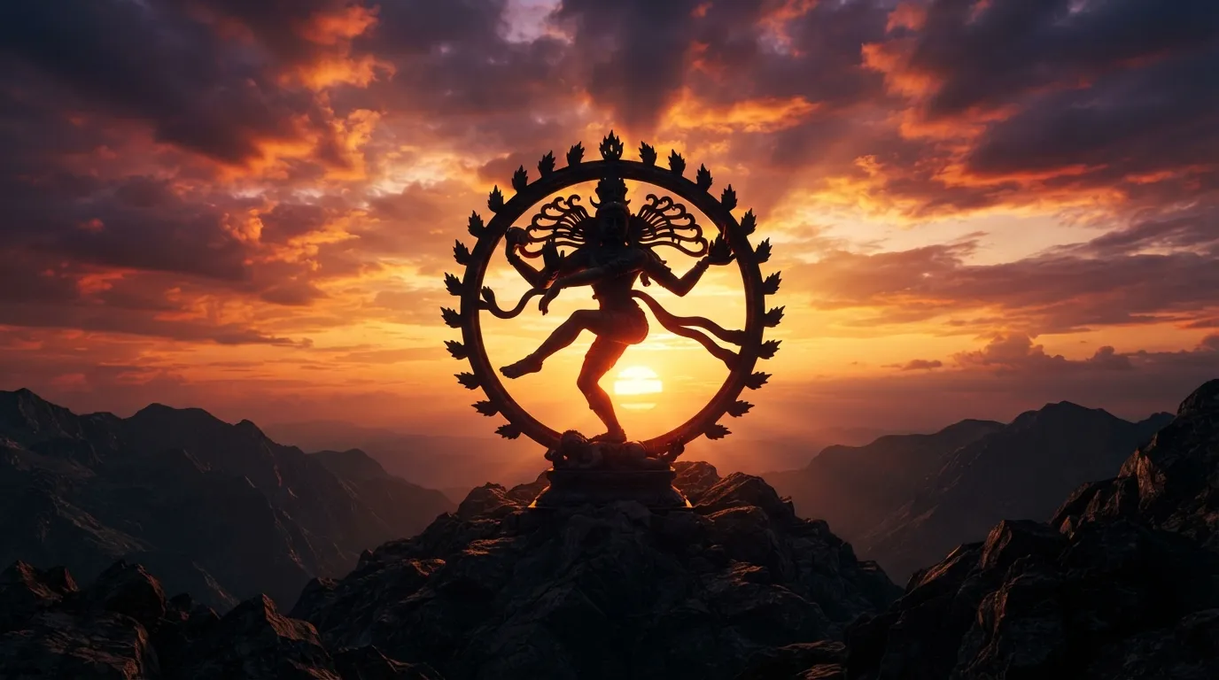Silhouette of Lord Nataraja Shiva statue against a dramatic golden hour sunset