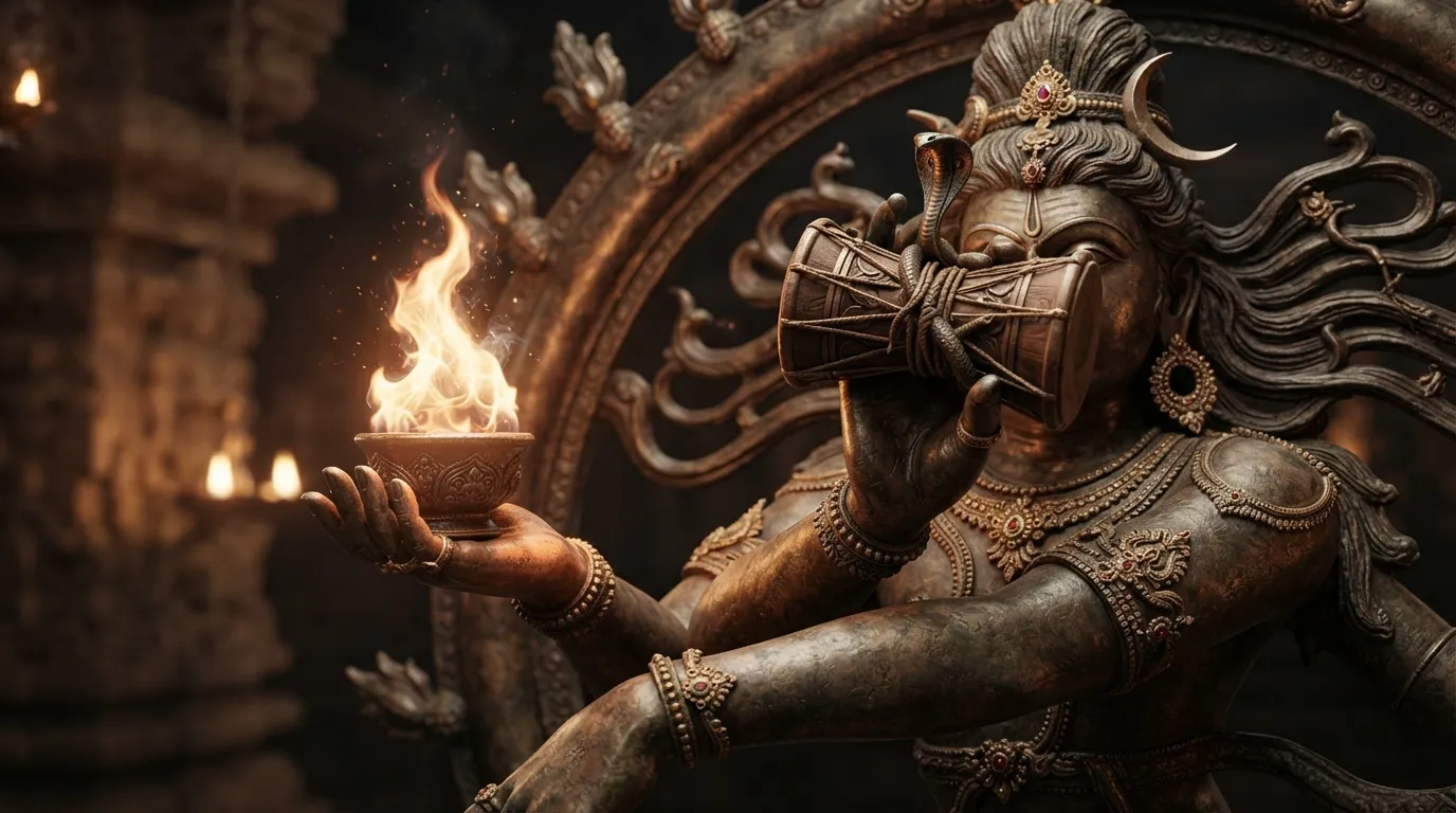 Close up of Nataraja Shiva holding the drum damru and divine fire agni