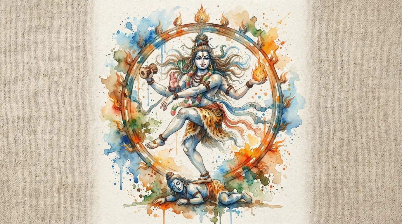 Artistic watercolor painting of Lord Nataraja Shiva with soft color splashes
