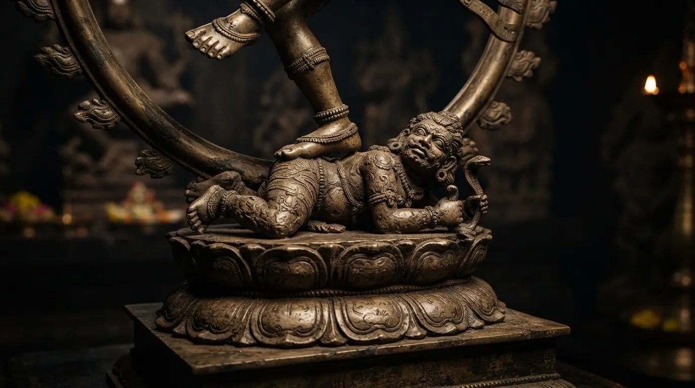 Image of Shiva Nataraja's right foot resting firmly on the back of the dwarf demon Apasmara on a lotus pedestal.
