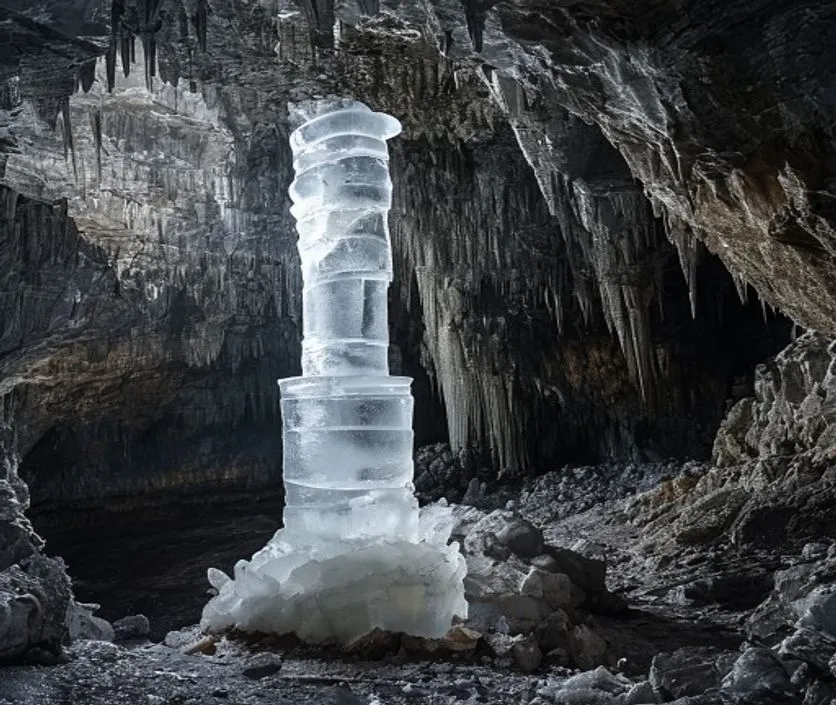 The natural stalagmite ice Shivling inside the sacred Amarnath cave surrounded by rocky Himalayan walls.