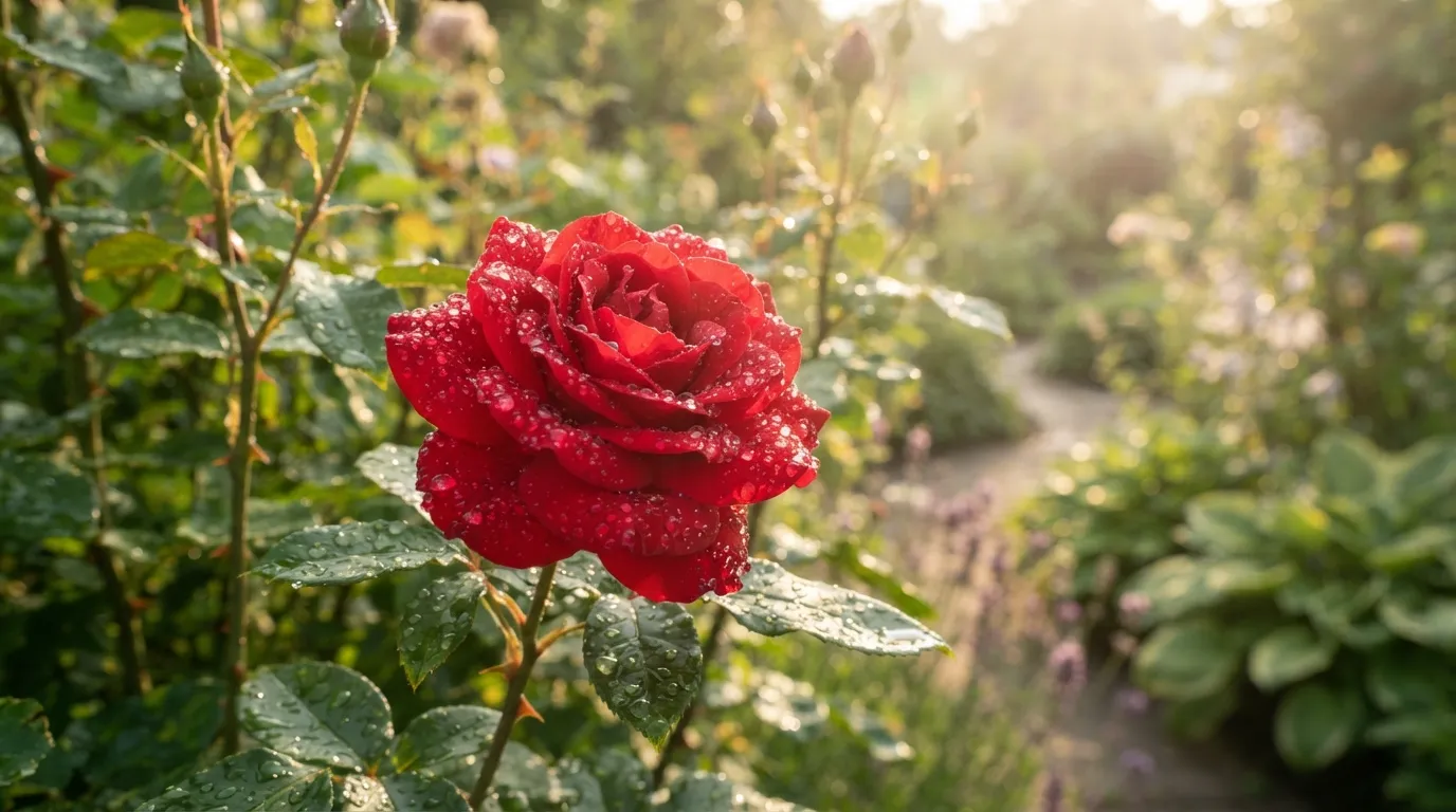 Red rose blooming naturally on a bush in a garden with morning sunlight bokeh