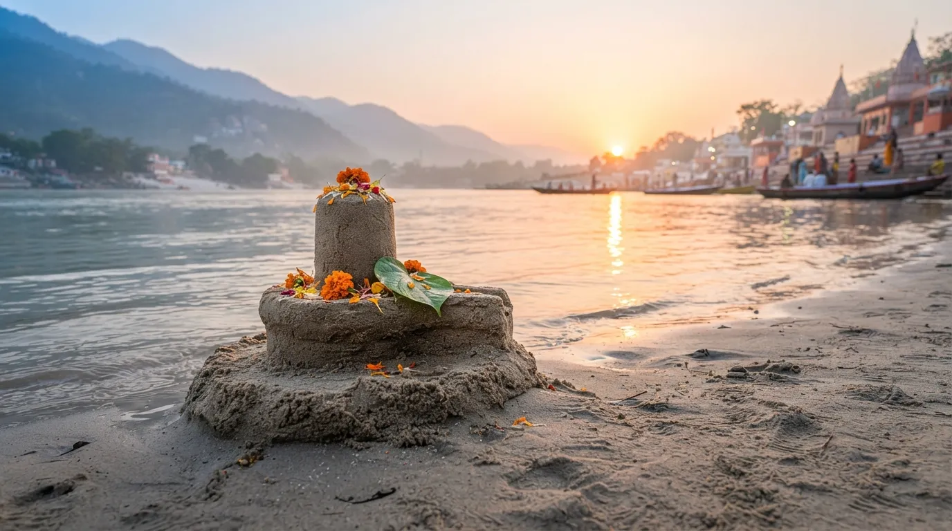 A beautifully handcrafted sand Shivling built on the banks of the holy Ganges river during sunrise.