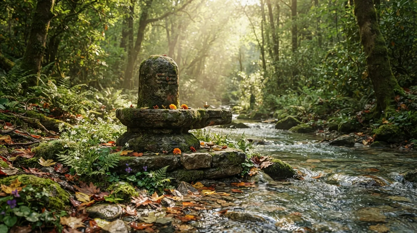 Beautiful full hd photo of a natural stone shivling located inside a lush green forest with sunbeams.