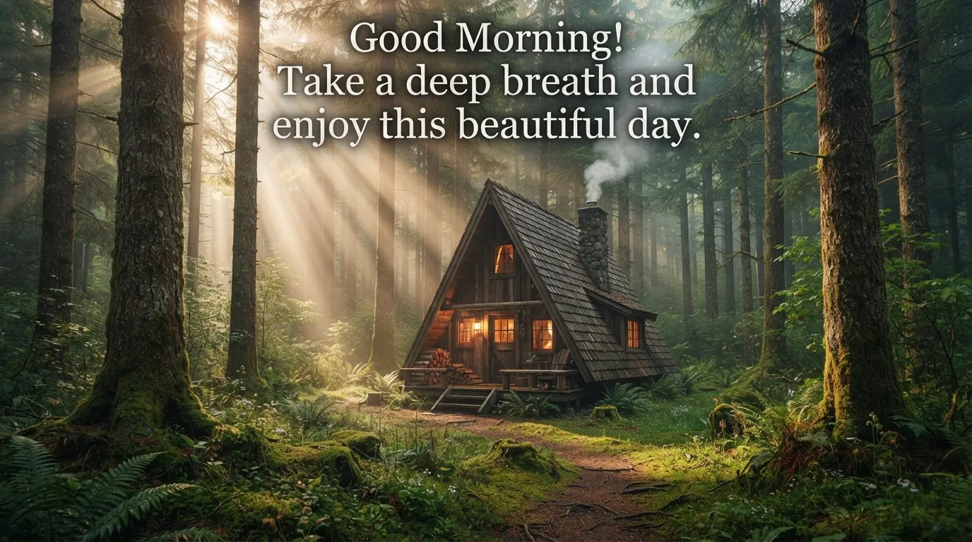 Special beautiful good morning images featuring a cozy wooden cabin in a sunny forest.