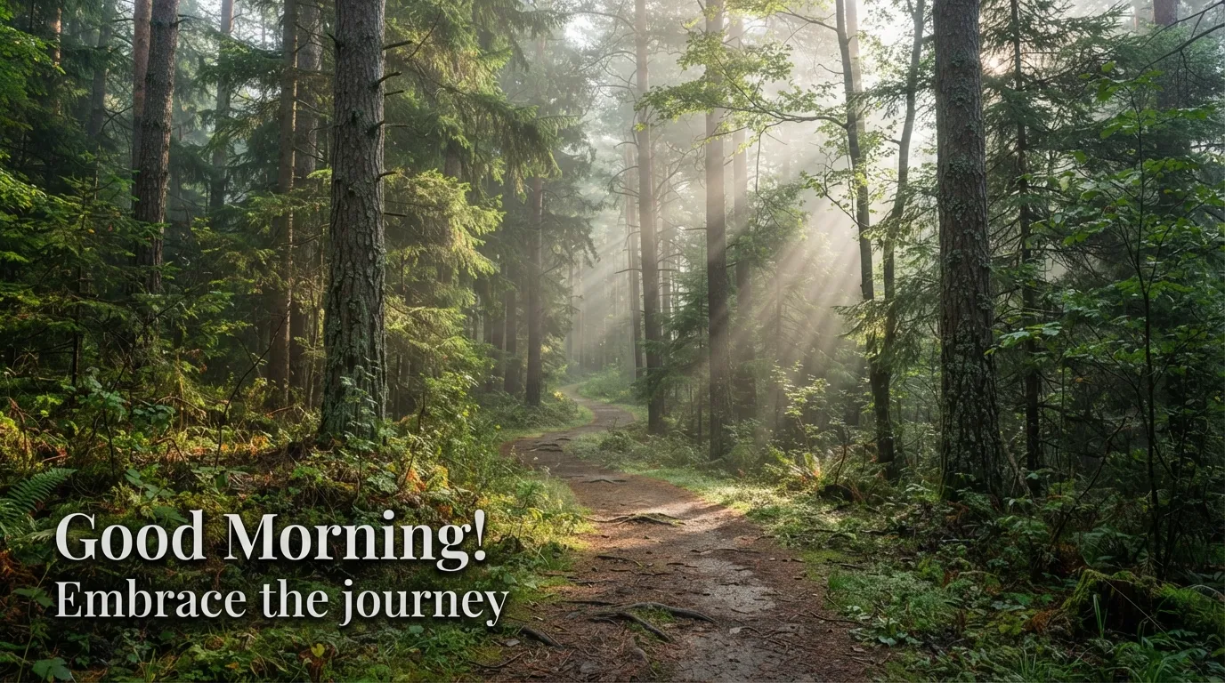 Sunbeams breaking through tall trees onto a forest path in the morning