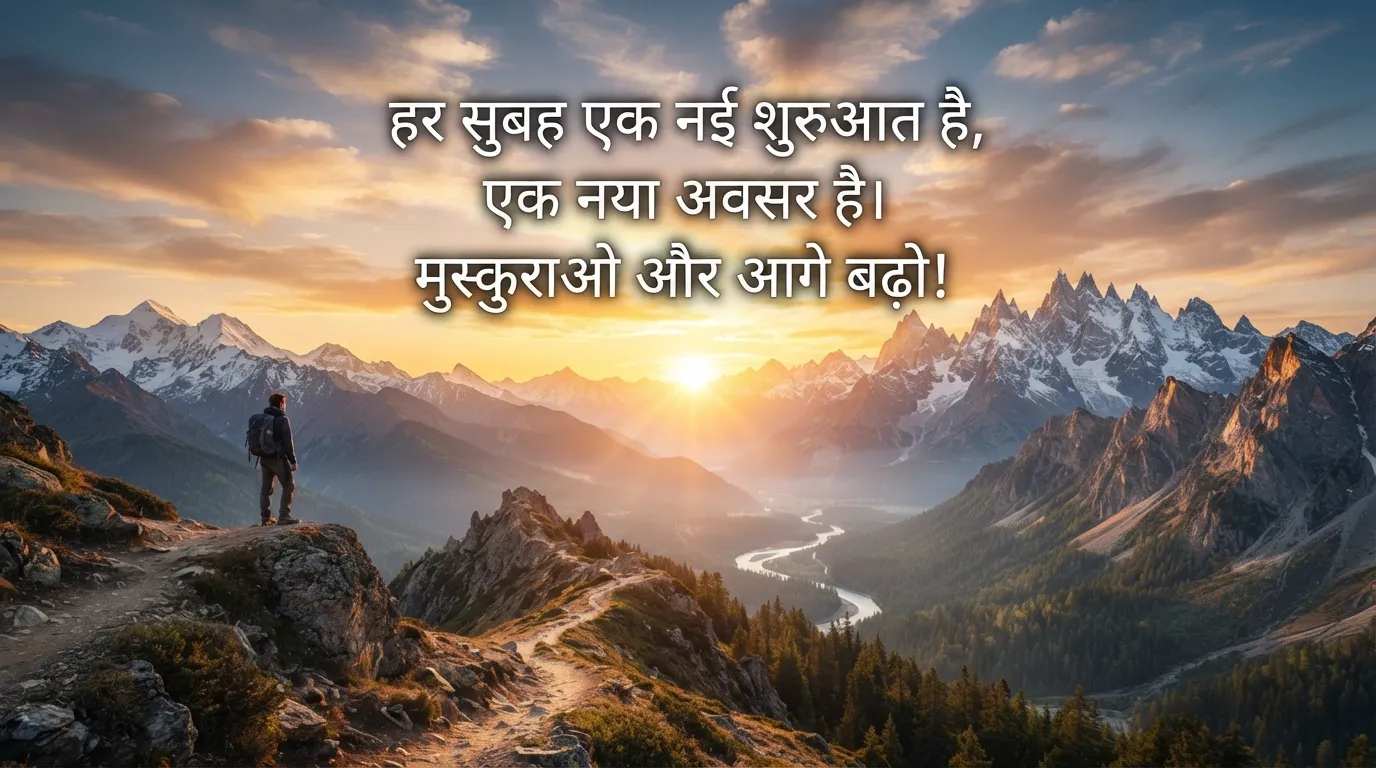 A mountain sunrise with a motivational good morning quote in Hindi.