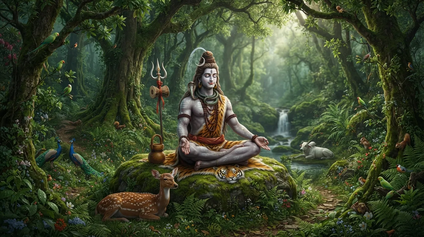 A beautiful wallpaper photo Bholenath, showing Lord Shiva surrounded by a lush forest and animals.