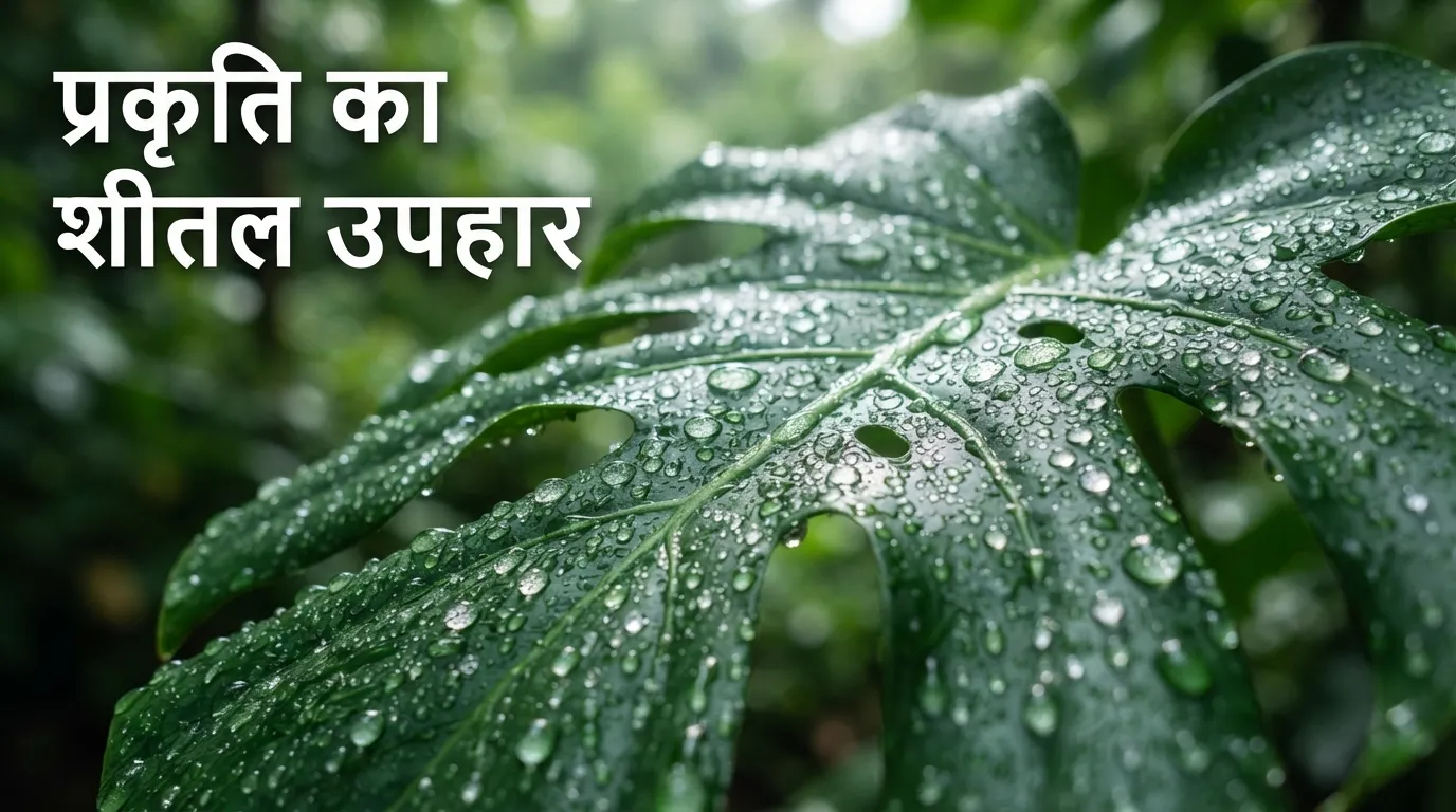 A fresh green leaf covered in heavy rain drops with inspirational Hindi text.