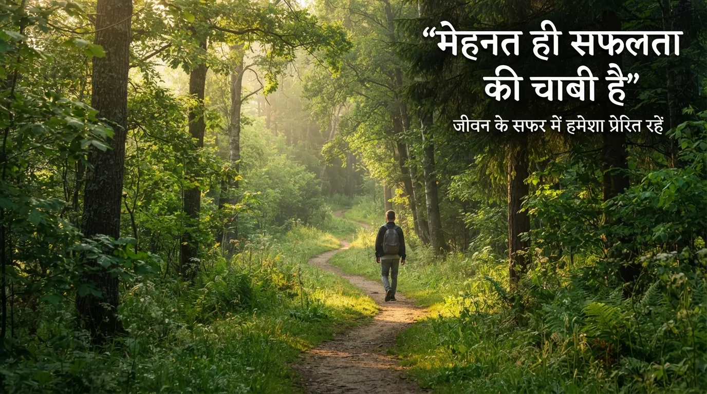 Sunlit forest pathway with tall trees and Hindi motivational success quote.
