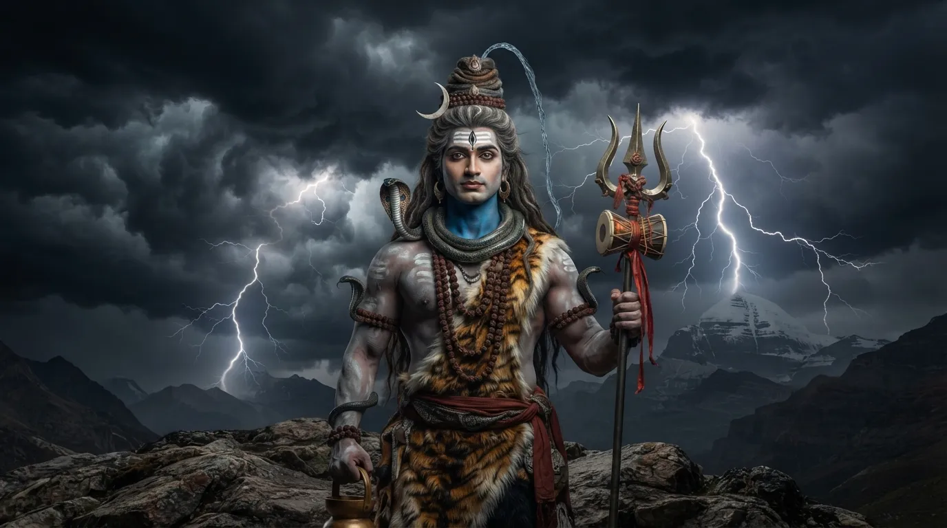 Lord Shiva with a distinct blue throat, depicting him drinking the poison (Halahala) to save the world.