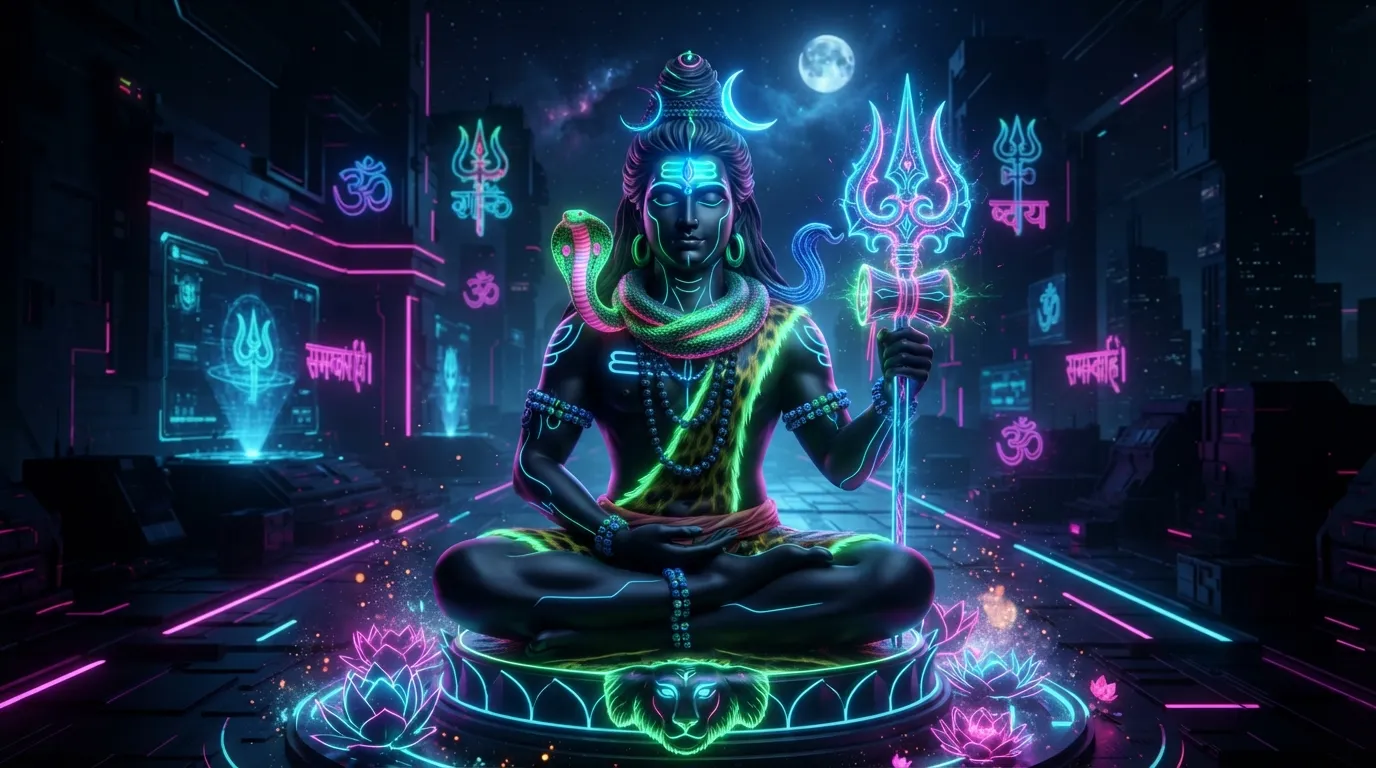 Modern neon style Bholenath 3D photo with futuristic glowing lines.