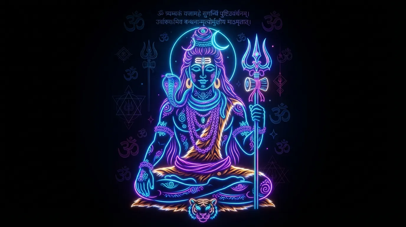 Creative neon art Bholenath photo hd wallpaper with glowing blue and purple lights.
