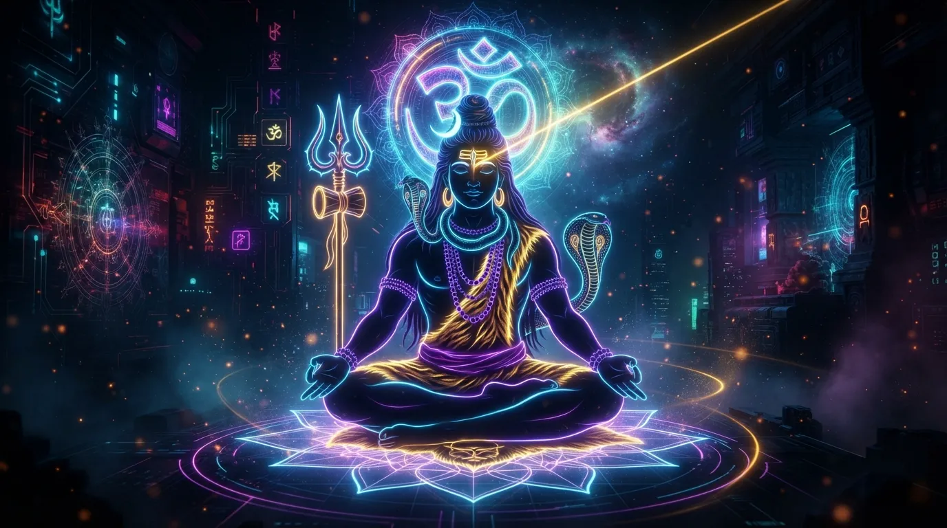 Unique Bholenath photo in a modern neon digital art style with glowing blue and gold accents