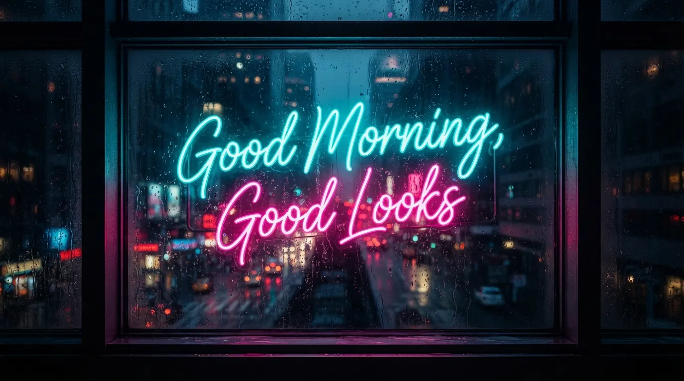 A vibrant neon sign style good morning text on a dark moody background.