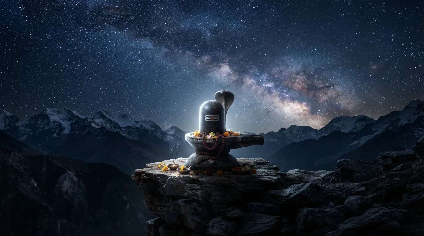 A full high-definition image of a glowing Shivling beneath a vast, dark night sky filled with stars and the Milky Way.