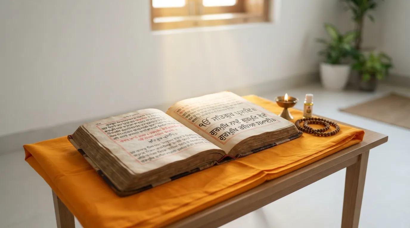 Nitnem Gutka Sahib open on a clean cloth with morning sunlight.