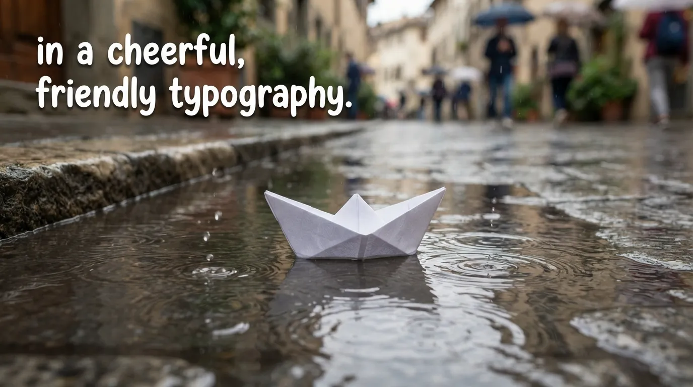 A small paper boat floating in a rainwater puddle on a street with morning wishes.