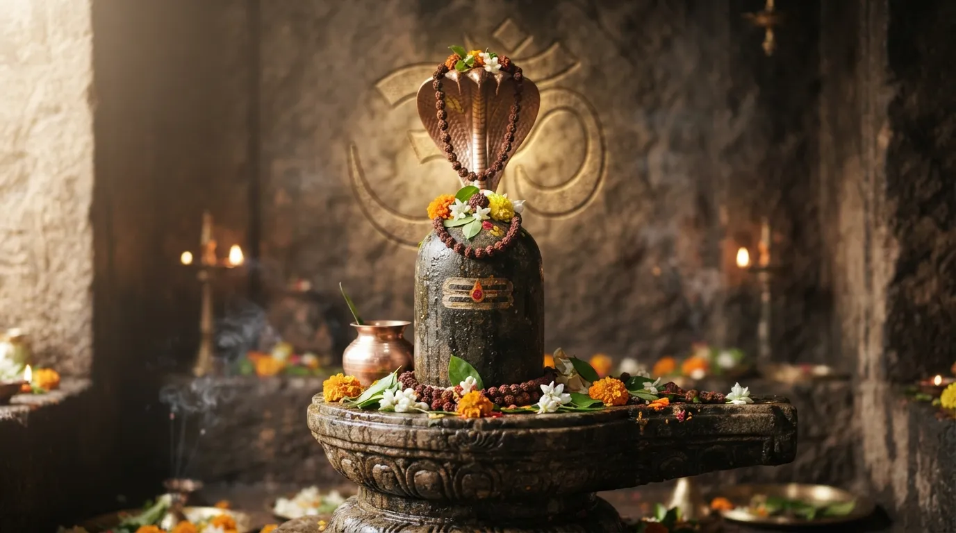 A serene 3D rendering of a Shivling integrated with the sacred Om symbol against a cosmic background