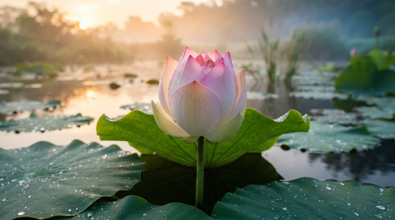 Lotus bud opening petals in soft morning sunlight