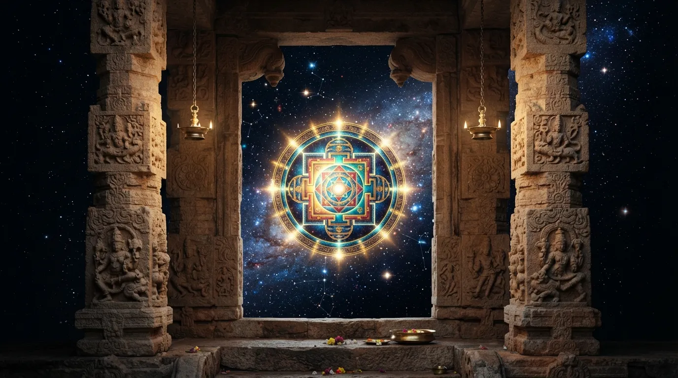 Traditional carved temple pillars framing a vibrant glowing mandala artwork in the center.