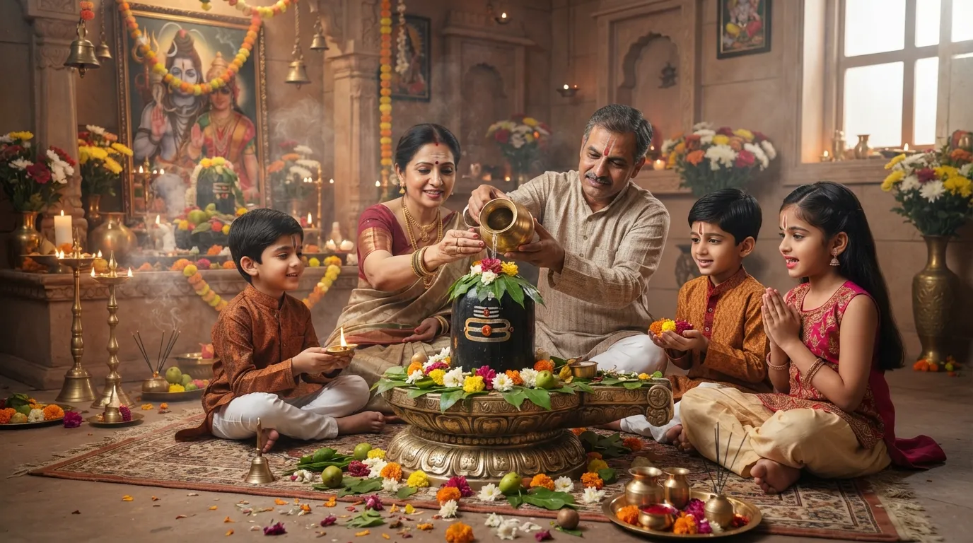 Ek parivar milkar ek Bholenath Shivling ki puja kar raha hai.