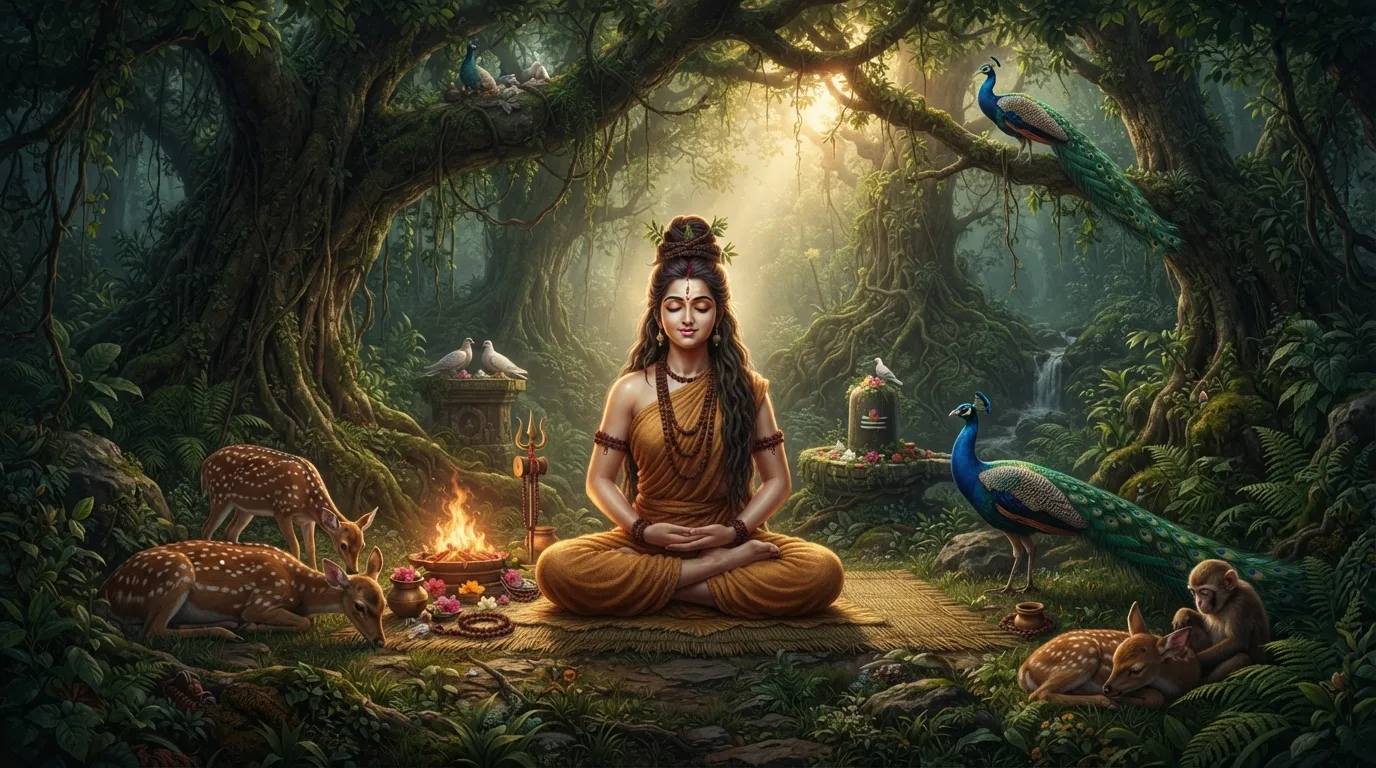 Classic painting of Goddess Parvati performing intense meditation amidst wild nature and forest animals