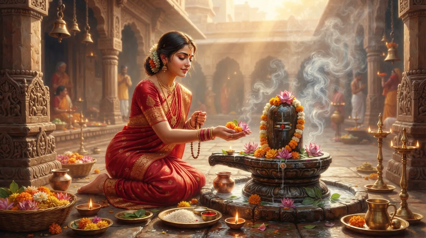 Traditional artwork of a devotee offering fresh flowers to a sacred Shiva Lingam in a temple setting