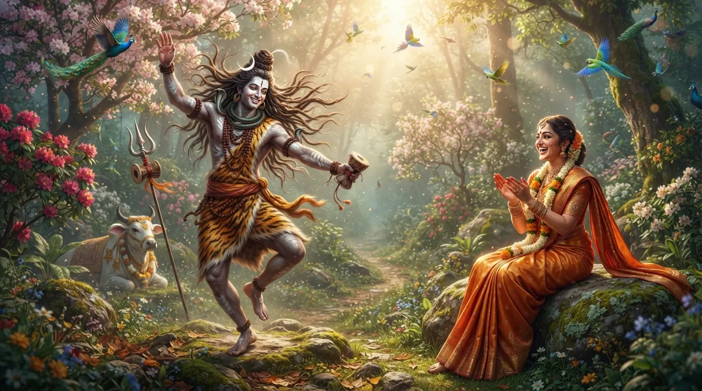 An enchanting illustration of Goddess Parvati clapping her hands joyfully as Lord Shiva performs a graceful and playful dance in a forest clearing.