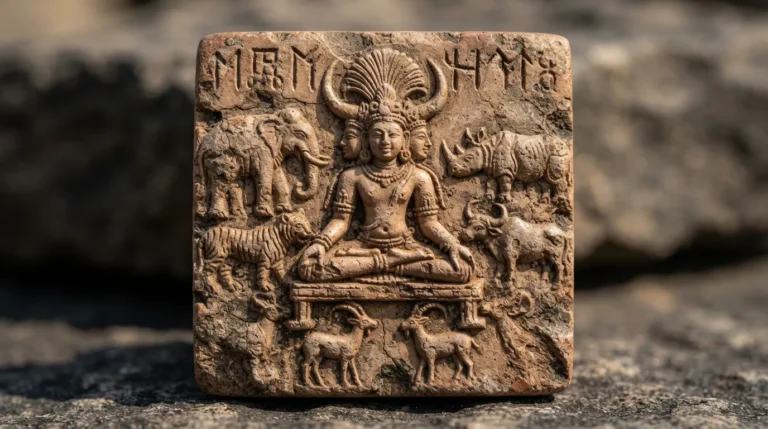 Pashupati seal from Mohenjo daro showing proto Shiva figure surrounded by animals.