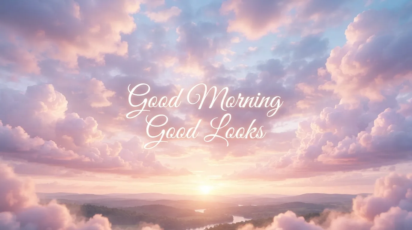 Beautiful soft pink and purple clouds at sunrise with motivational text.