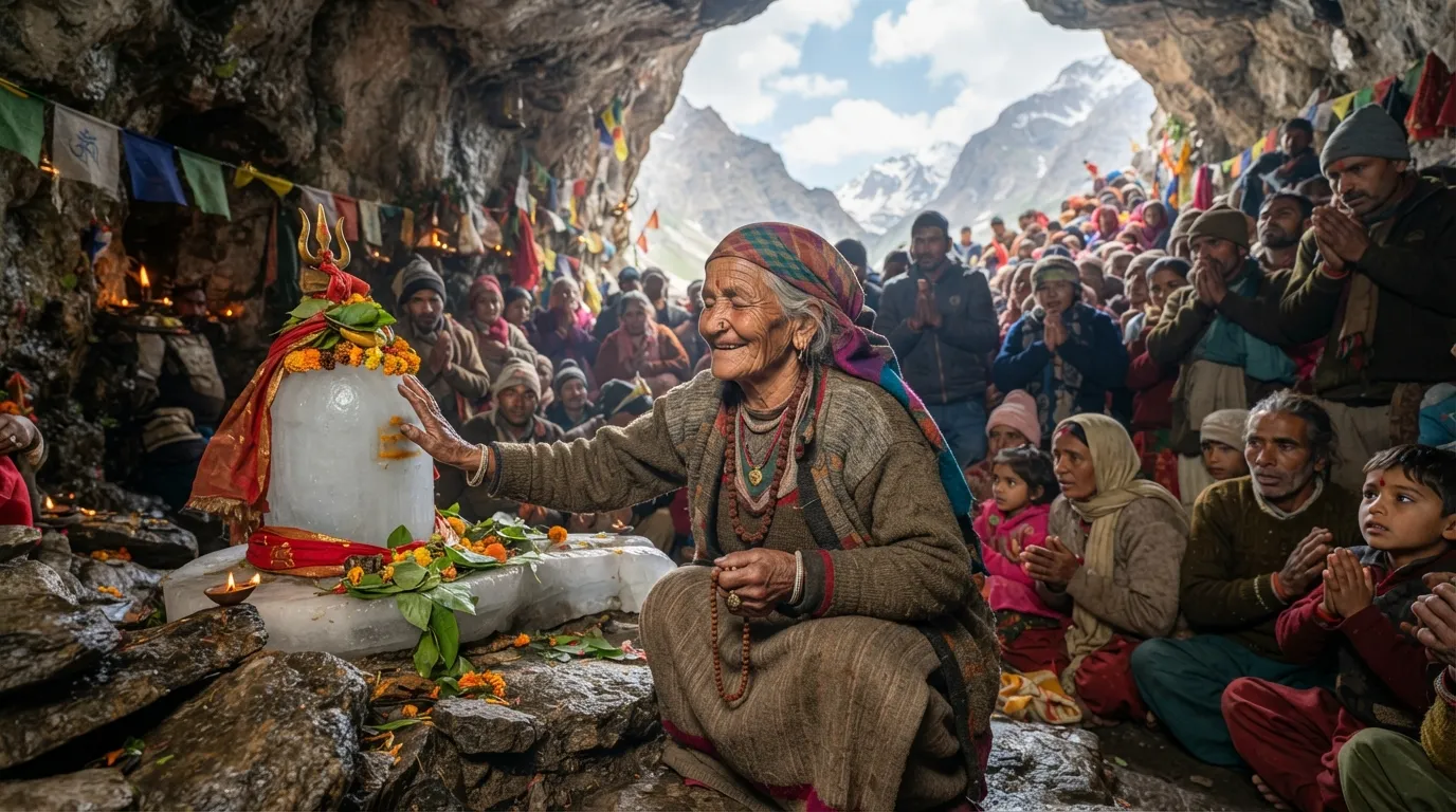 An elderly pilgrim offering prayers near Shivling and Mount Kailash.