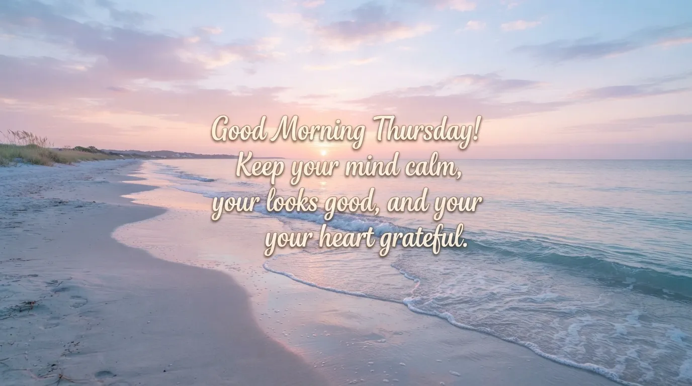 A calm sandy beach with gentle waves washing ashore under a pastel pink and blue morning sky.