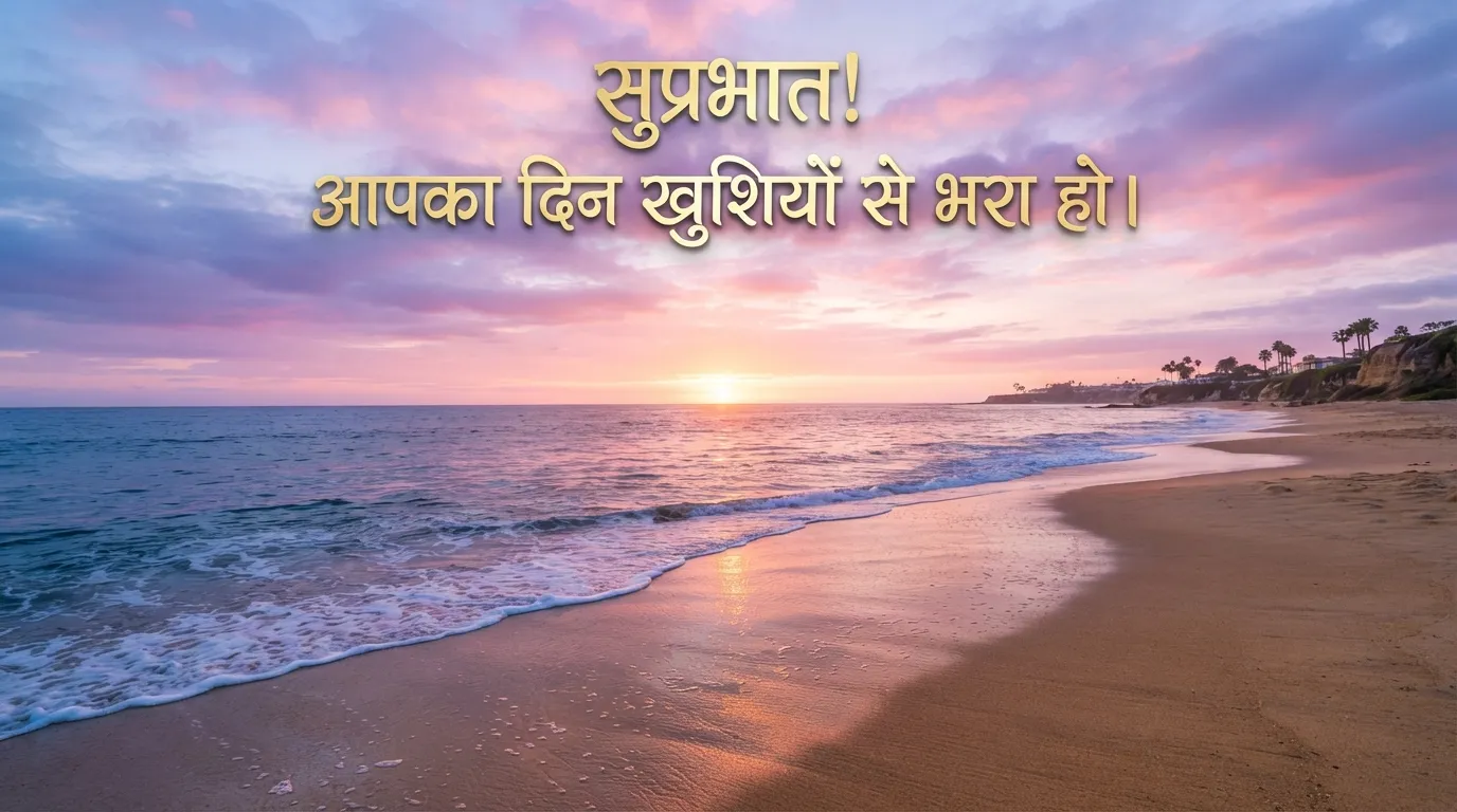 Beautiful beach sunrise ocean waves with motivational Hindi morning text.