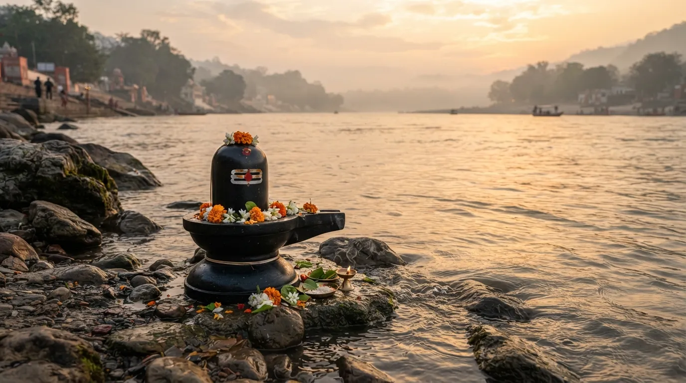 High-quality image of a black stone Shivling sitting peacefully by a river bank during a golden sunrise.