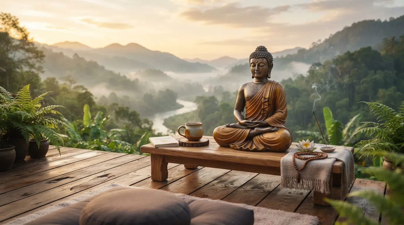 Buddha statue in misty morning forest good morning images god hd