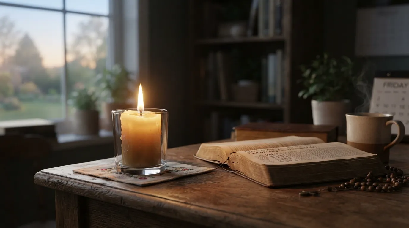 Good morning images god friday with a burning candle and warm aura