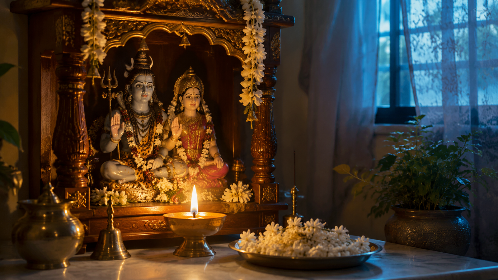 A candid photograph of a small home shrine with a glowing oil lamp and flowers in front of a Shiv Parvati statue.