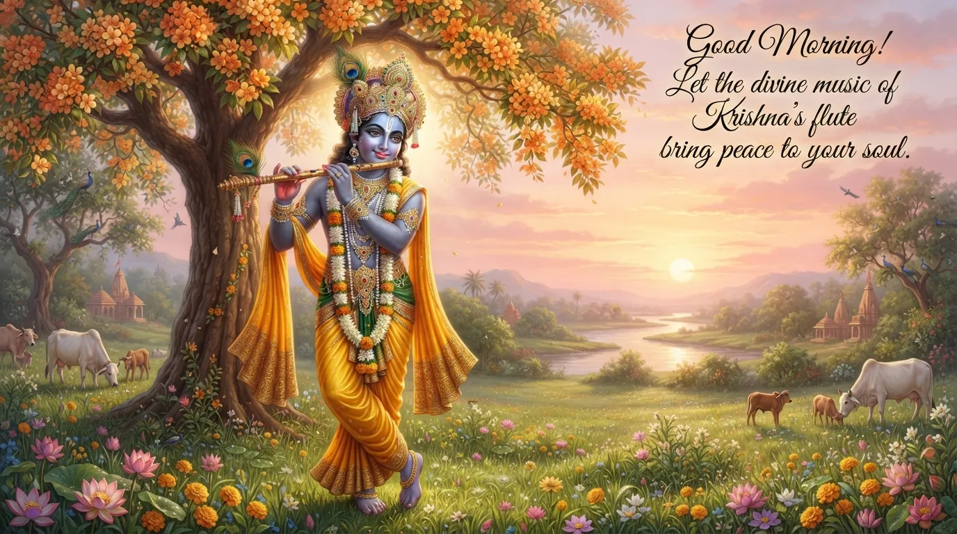 Lord Krishna playing his flute in a beautiful garden at sunrise.