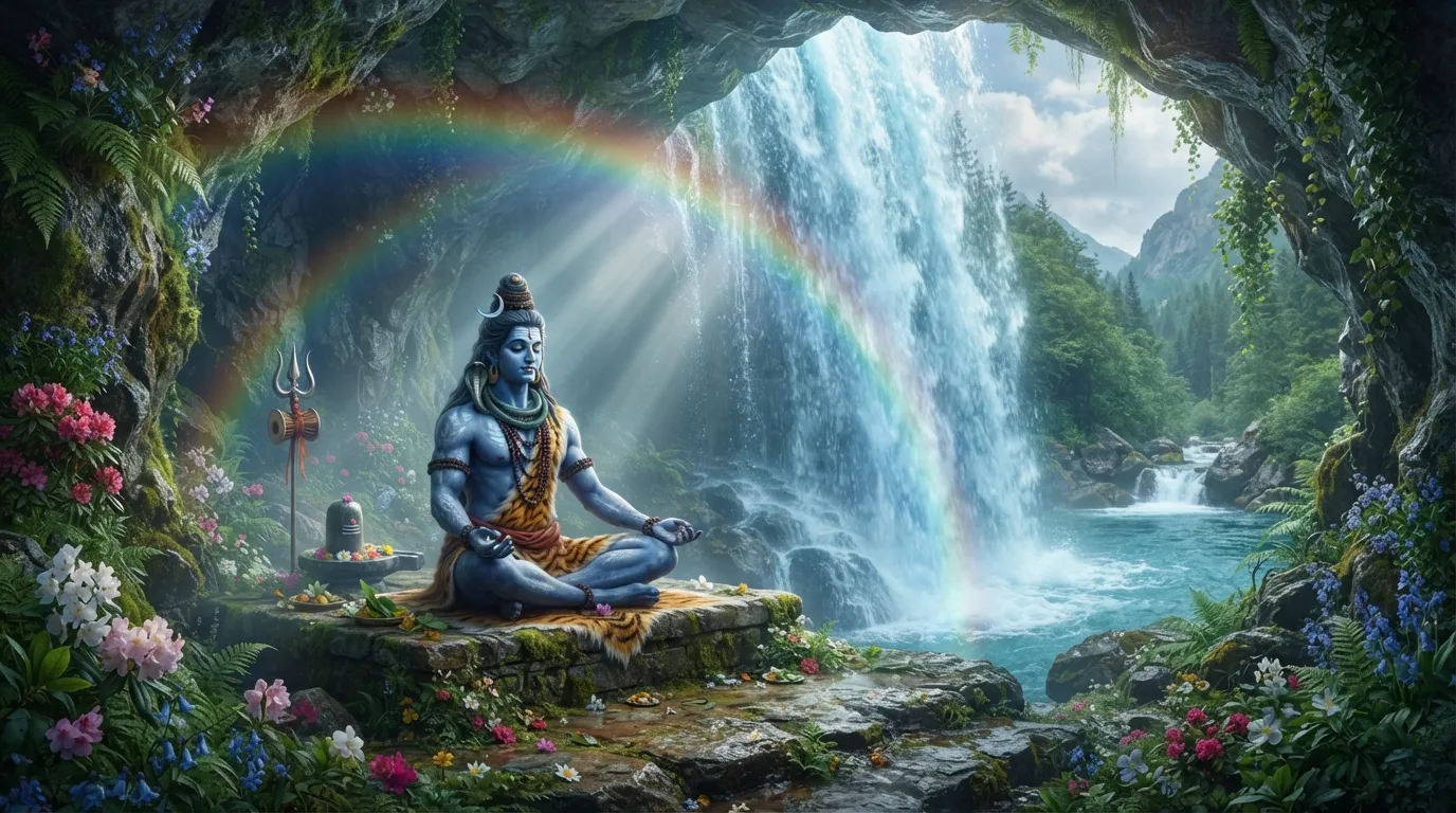Lord Shiva meditating peacefully behind a beautiful mountain waterfall stream, mahadev wallpaper hd 4k for pc.