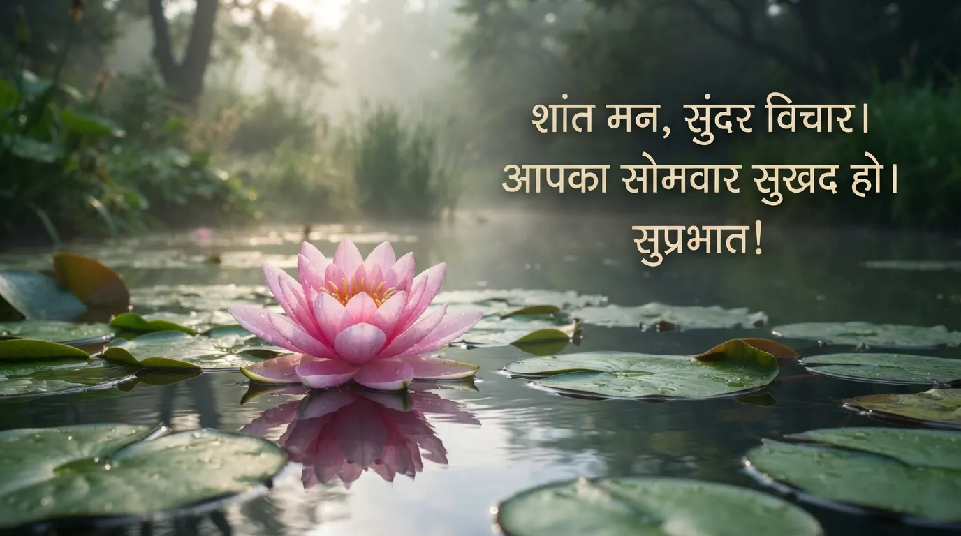 Blooming pink lotus flower in a quiet pond with Hindi morning message.