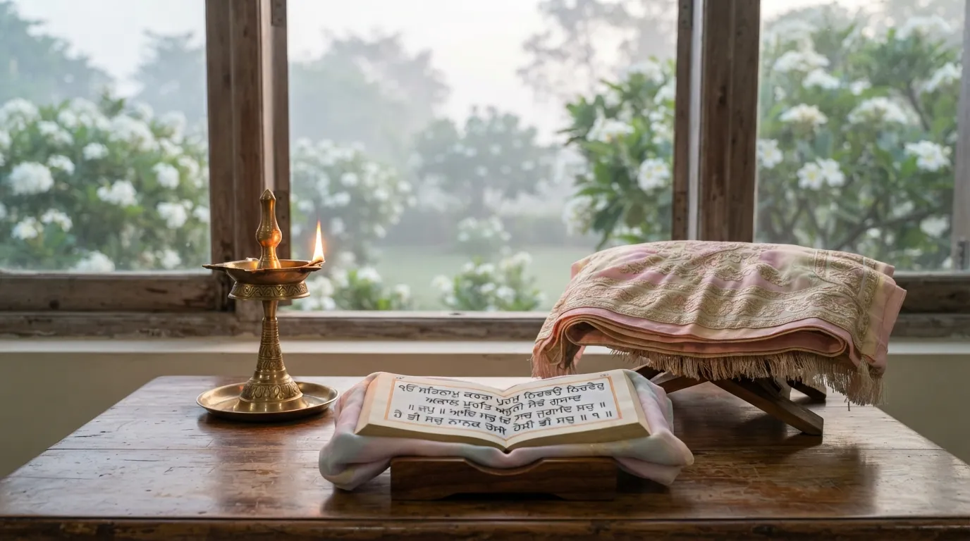 Nitnem Nitpreet morning prayer background with Gurbani inspirational line.
