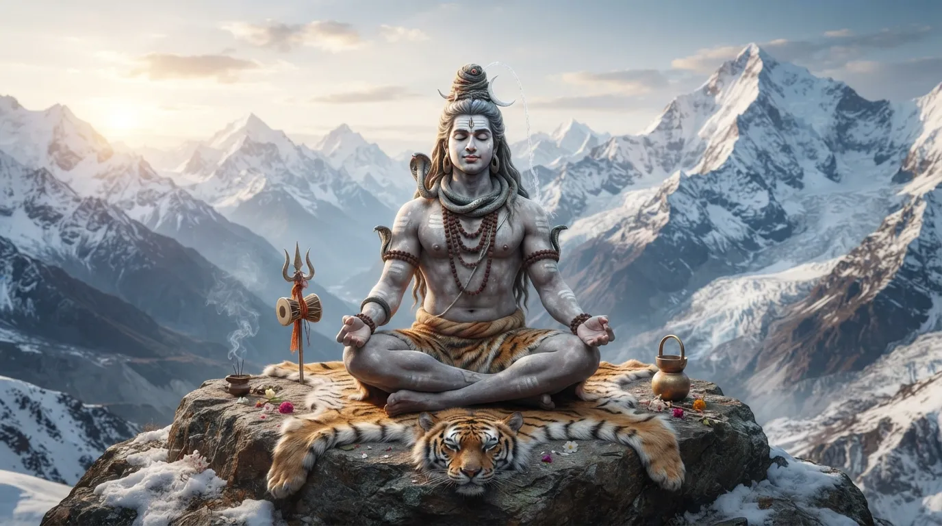 Serene photo of Baba Bholenath meditating deeply on a Himalayan mountain top.