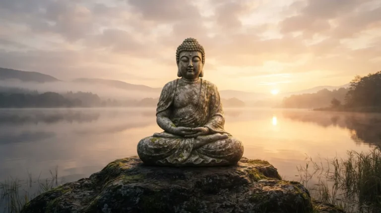 Minimalist statue of Buddha meditating during sunrise with soft golden light.