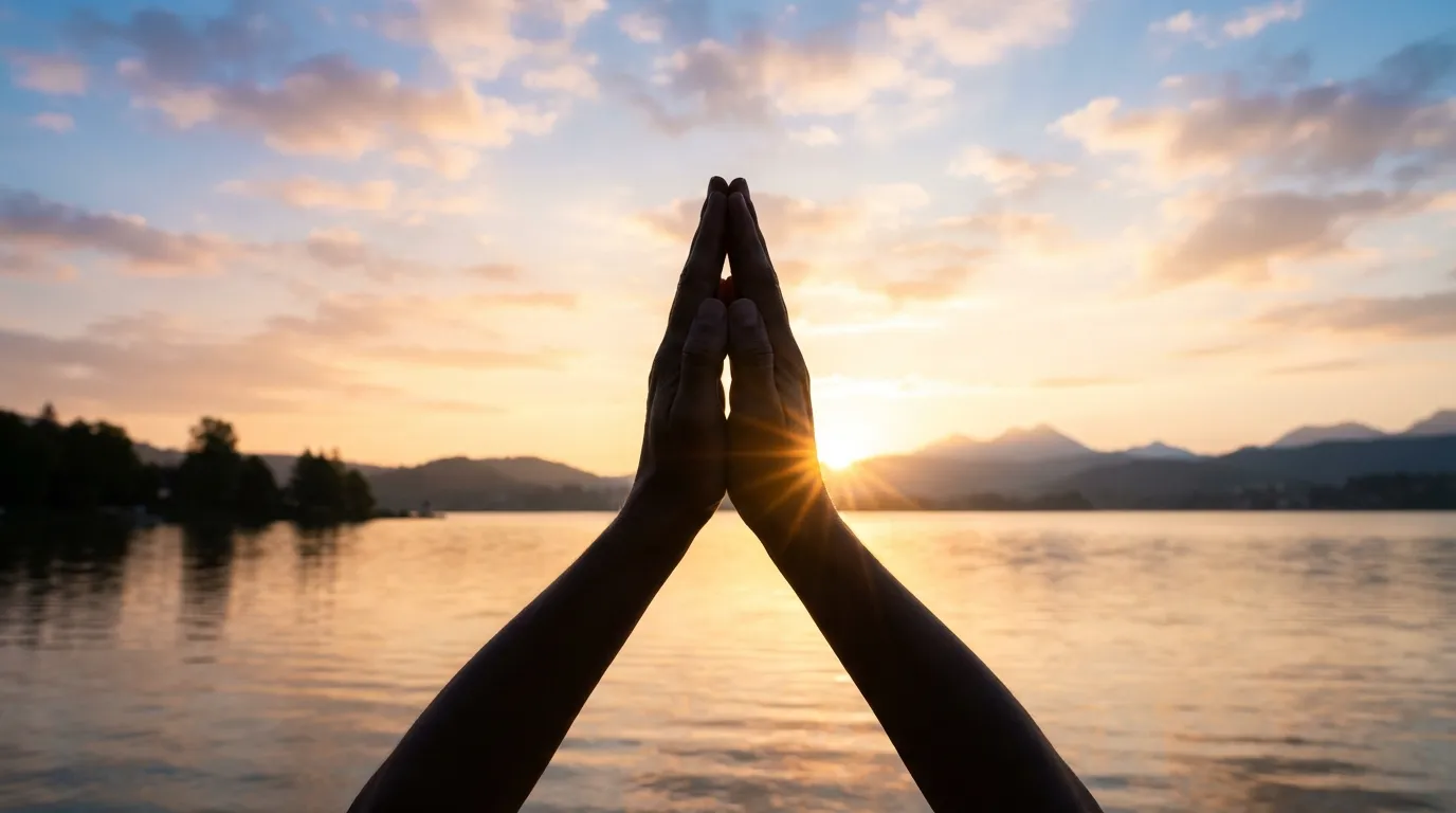 Folded hands in Namaste prayer against sunrise for Saturday morning