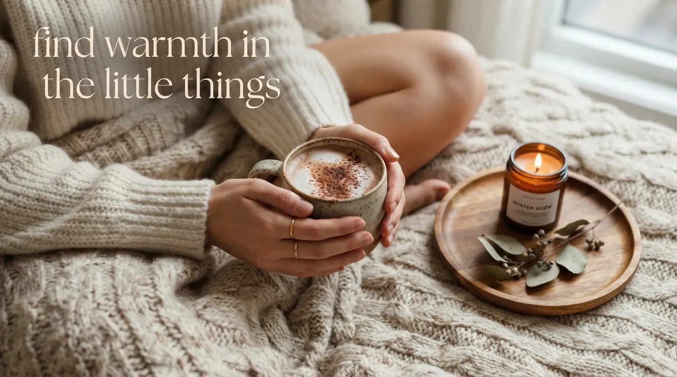 Hands holding a cozy warm mug with cozy blankets and beautiful English morning wish.